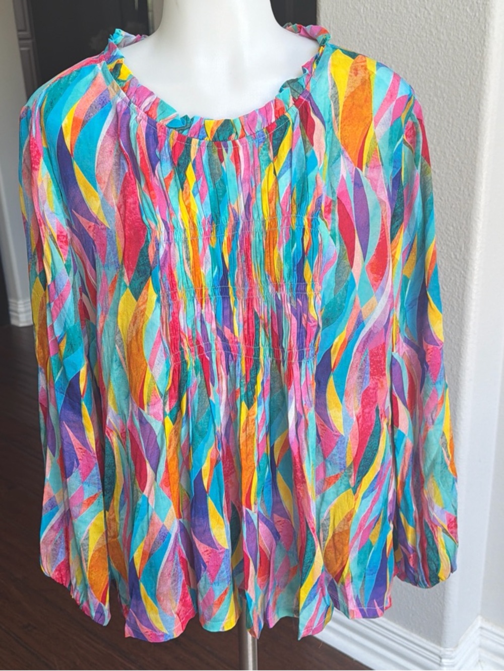 Apnu Colorful Multi-Stripe Peasant Blouse - Pink, Blue & Yellow xl